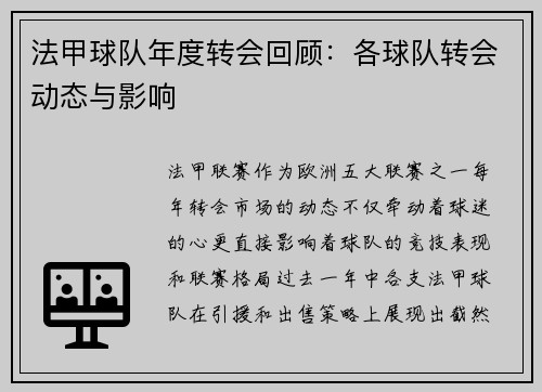法甲球队年度转会回顾：各球队转会动态与影响